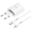 hoco N14 PD 20W Single Port Smart Travel Charger Power Adapter with Tyep-C / USB-C to 8 Pin Charging Cable, EU Plug(White)