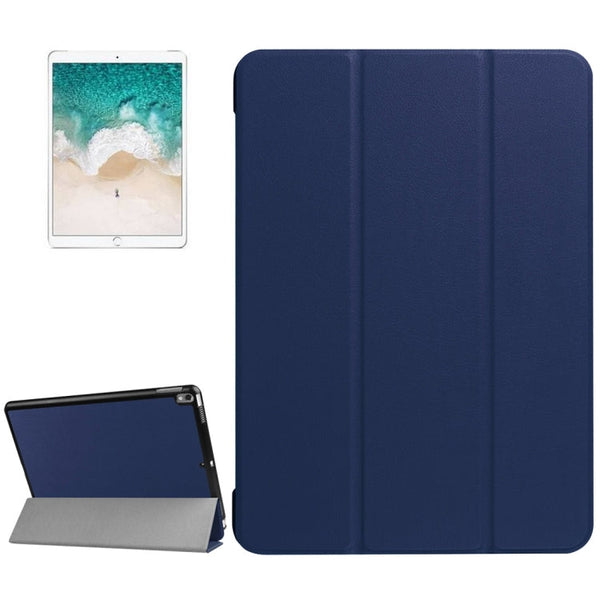 For iPad Pro 10.5 inch PU Litchi Texture 3-folding Smart Case Clear Back Cover with Holder(navy)