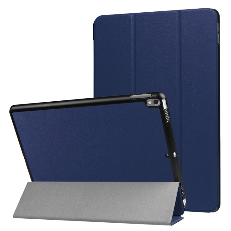 For iPad Pro 10.5 inch PU Litchi Texture 3-folding Smart Case Clear Back Cover with Holder(navy)