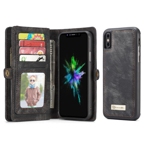CaseMe-008 for iPhone X / XS TPU + PC Magnetic Absorption Detachable Back Cover Horizontal Flip Leather Case with Holder & Card Slots & Zipper Wallet & Photo Frame(Black)