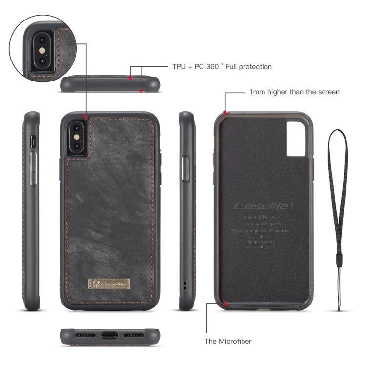 CaseMe-008 for iPhone X / XS TPU + PC Magnetic Absorption Detachable Back Cover Horizontal Flip Leather Case with Holder & Card Slots & Zipper Wallet & Photo Frame(Black)