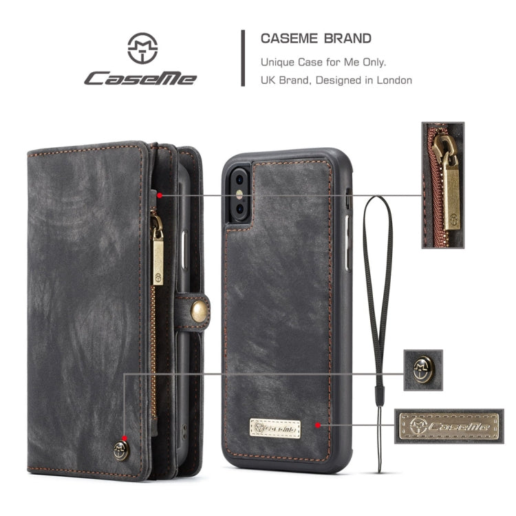 CaseMe-008 for iPhone X / XS TPU + PC Magnetic Absorption Detachable Back Cover Horizontal Flip Leather Case with Holder & Card Slots & Zipper Wallet & Photo Frame(Black)