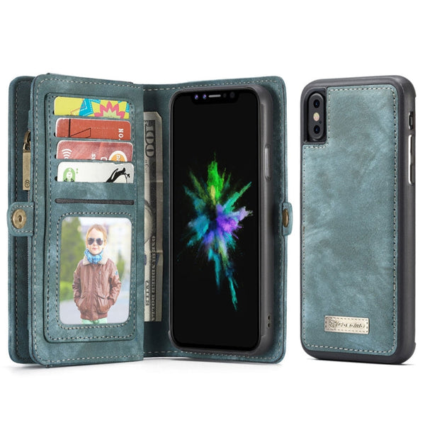 CaseMe-008 for iPhone X / XS TPU + PC Magnetic Absorption Detachable Back Cover Horizontal Flip Leather Case with Holder & Card Slots & Zipper Wallet & Photo Frame(Blue)