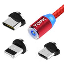 TOPK 2m 2.4A Max USB to 8 Pin + USB-C / Type-C + Micro USB Nylon Braided Magnetic Charging Cable with LED Indicator(Red)
