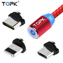 TOPK 2m 2.4A Max USB to 8 Pin + USB-C / Type-C + Micro USB Nylon Braided Magnetic Charging Cable with LED Indicator(Red)