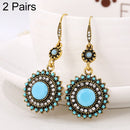 2 Pairs Ethnic Sun Flower Style Rhinestone Earrings Long Earbobs(Gold+Light Blue)