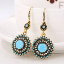2 Pairs Ethnic Sun Flower Style Rhinestone Earrings Long Earbobs(Gold+Light Blue)