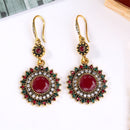 2 Pairs Ethnic Sun Flower Style Rhinestone Earrings Long Earbobs(Gold+Red)