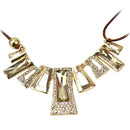 Bib Style Necklace Geometric With Golden Crystals on Wax Rope Chain Fashion
