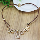 Bib Style Necklace Geometric With Golden Crystals on Wax Rope Chain Fashion