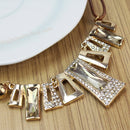 Bib Style Necklace Geometric With Golden Crystals on Wax Rope Chain Fashion