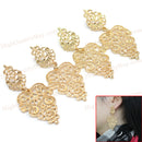 2 Pairs Golden Metal Alloy Hollowed Leaf Charm Dangle Earrings Jewellery