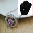 Pink Rhinestone Rings Pendant Necklace Double Circle With Heart Print Necklace
