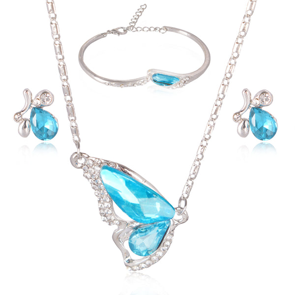 1 set Necklace earrings bracelet crystal butterfly three-piece jewelry Retro