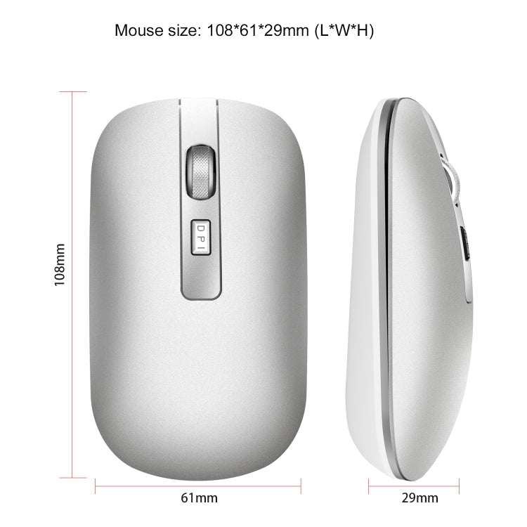 HXSJ M30 Rechargeable Wireless Mouse Metal Wheel Mute 2.4G Office Mouse 500 mAh Built-in Battery(Silver)