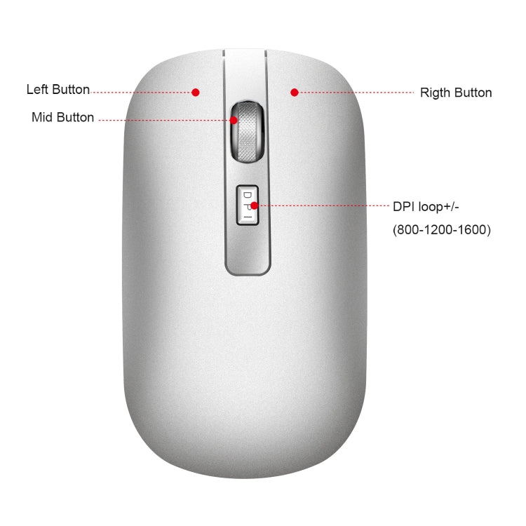 HXSJ M30 Rechargeable Wireless Mouse Metal Wheel Mute 2.4G Office Mouse 500 mAh Built-in Battery(Silver)