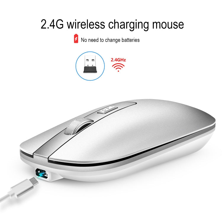 HXSJ M30 Rechargeable Wireless Mouse Metal Wheel Mute 2.4G Office Mouse 500 mAh Built-in Battery(Silver)