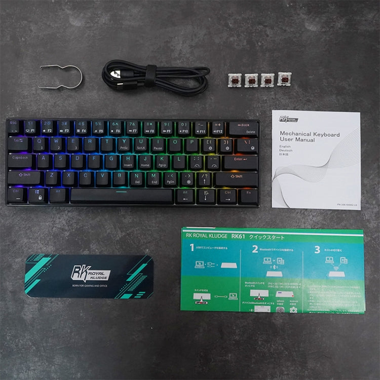 RK61 61 Keys Bluetooth / 2.4G Wireless / USB Wired Three Modes Red Switch Tablet Mobile Gaming Mechanical Keyboard with RGB Backlight, Cable Length: 1.5m (Black)