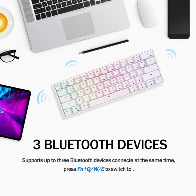 RK61 61 Keys Bluetooth / 2.4G Wireless / USB Wired Three Modes Blue Switch Tablet Mobile Gaming Mechanical Keyboard with RGB Backlight, Cable Length: 1.5m (White)