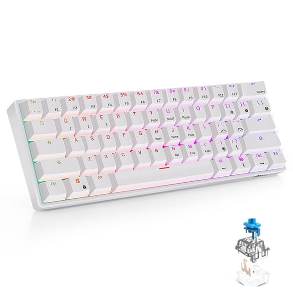RK61 61 Keys Bluetooth / 2.4G Wireless / USB Wired Three Modes Blue Switch Tablet Mobile Gaming Mechanical Keyboard with RGB Backlight, Cable Length: 1.5m (White)