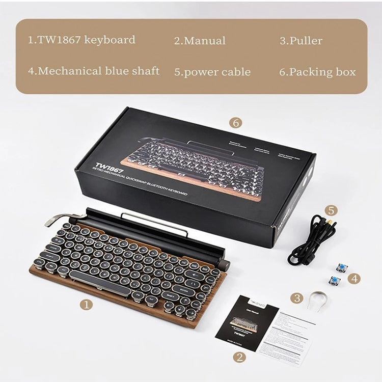 TW1867 Round Retro Punk Keycap Mechanical Wireless Bluetooth Keyboard (Black)