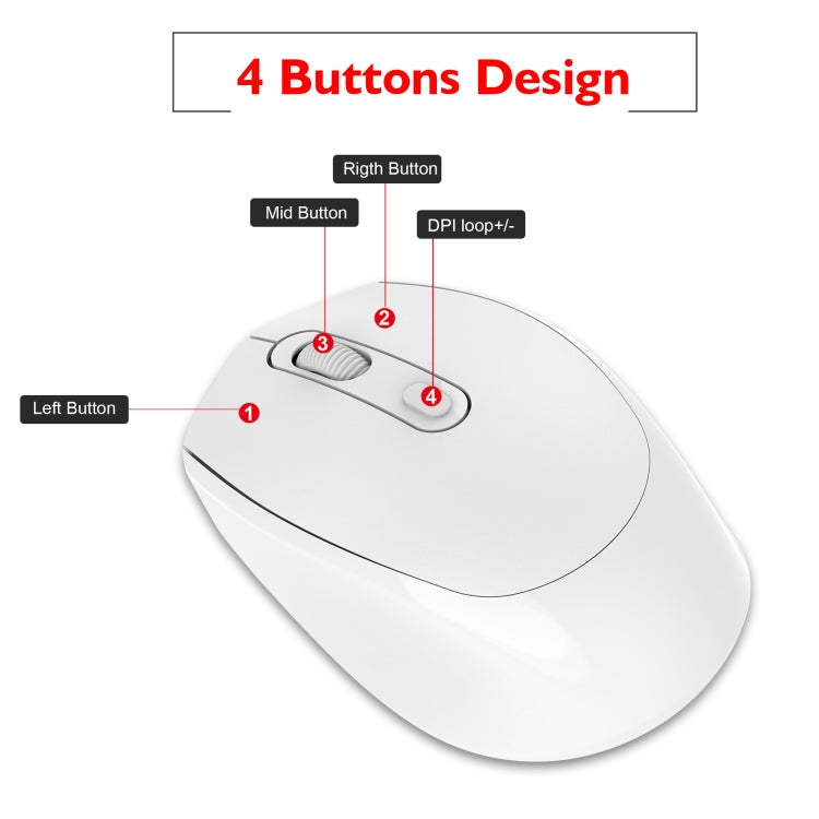 HXSJ M107 4-buttons 1600 DPI 2.4GHz Wireless Rechargeable Mouse (White)