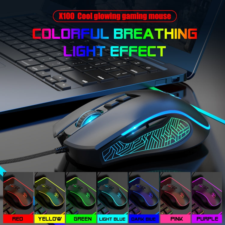 HXSJ X100 7-buttons 3600 DPI Cool Glowing Wired Gaming Mouse, Cable Length: 1.5m (Black)
