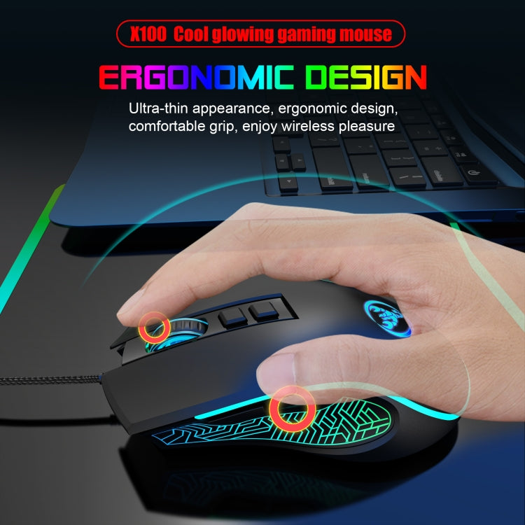 HXSJ X100 7-buttons 3600 DPI Cool Glowing Wired Gaming Mouse, Cable Length: 1.5m (Black)