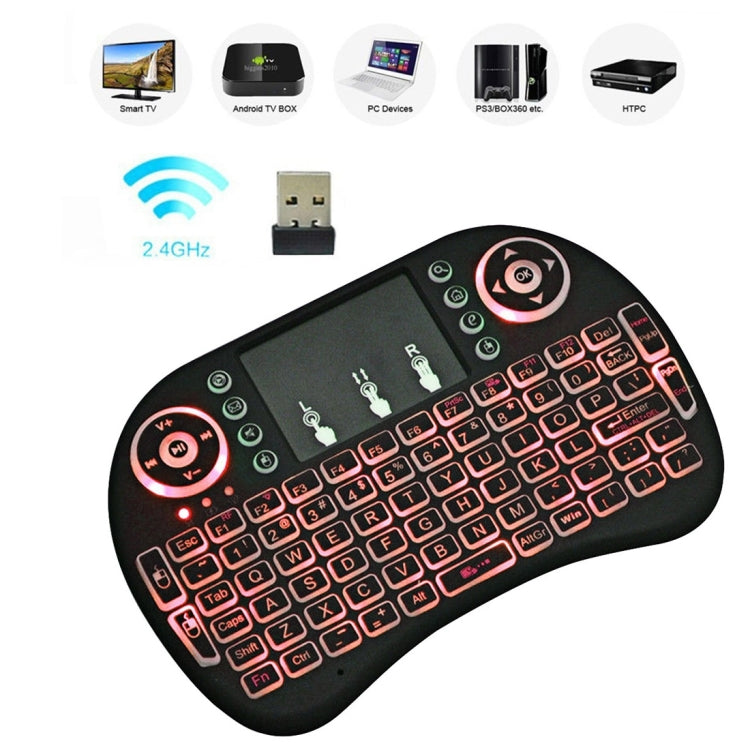 Mini i8 Air Mouse 92-keys QWERTY 2.4G Wireless Backlight Keyboard with Touchpad for Android TV Box & Google TV Box & PC Tablet & Xbox360 & PS3 & HTPC/IPTV, Support Auto Sleep and Auto Wake Mode