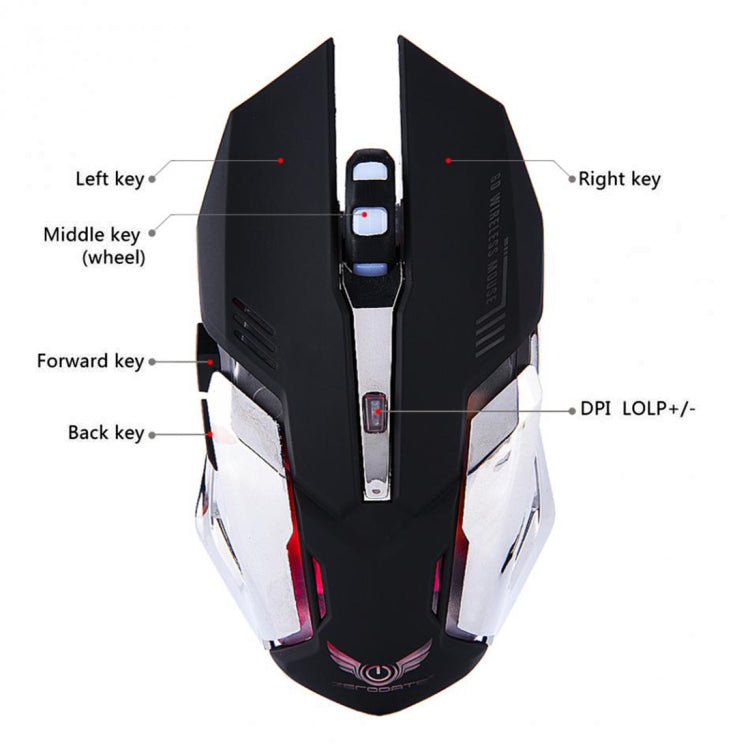 ZERODATE X70 2.4GHz Wireless 6-Keys 2400 DPI Adjustable Ergonomics Optical Gaming Mouse with Breathing Light(Black)