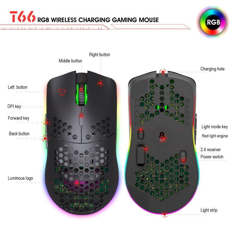 HXSJ T66 7 Keys Colorful Lighting Programmable Gaming Wireless Mouse (Black)