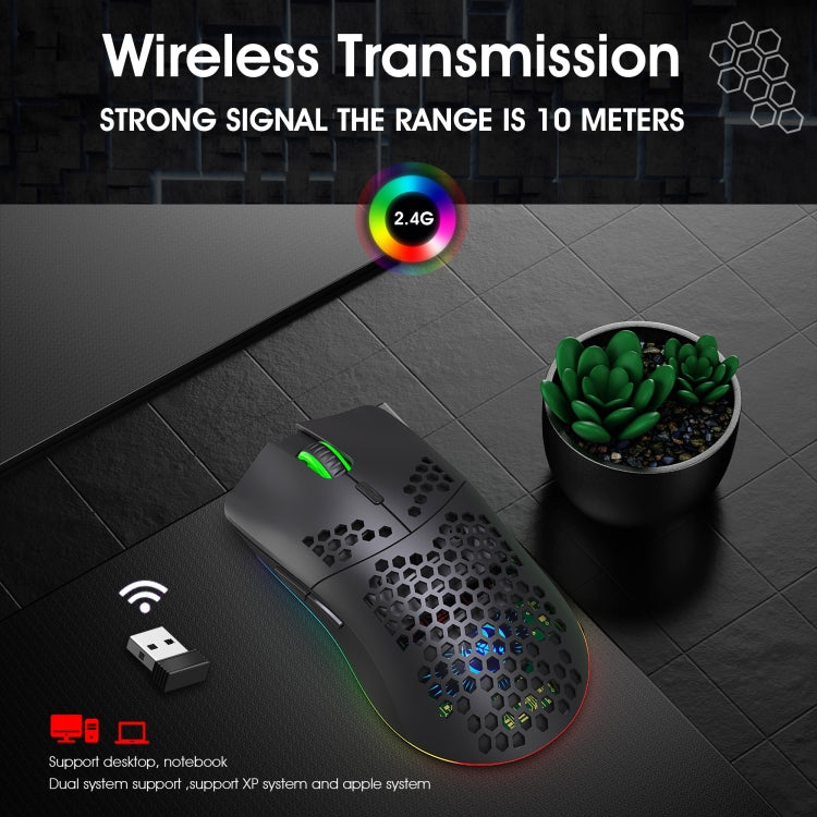 HXSJ T66 7 Keys Colorful Lighting Programmable Gaming Wireless Mouse (Black)