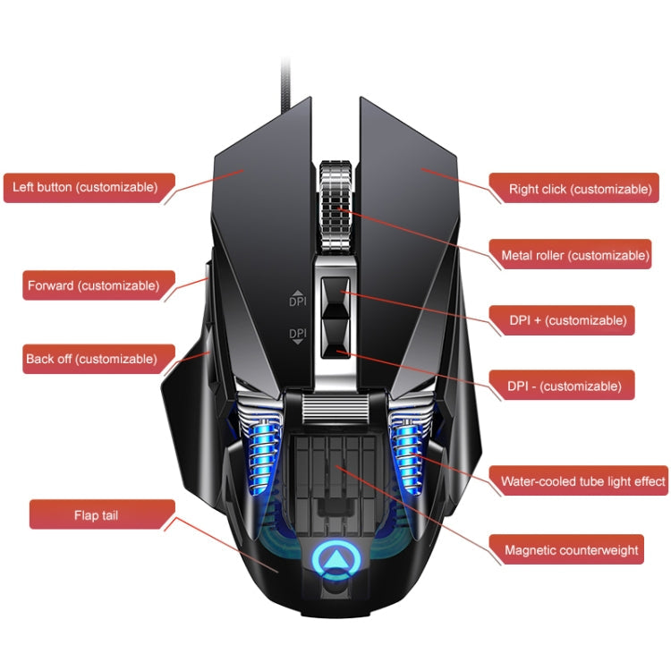 YINDIAO G10 7200DPI 7-modes Adjustable 7-keys RGB Light Wired Metal Mechanical Hard Core Macro Mouse, Style: Audio Version(Silver)