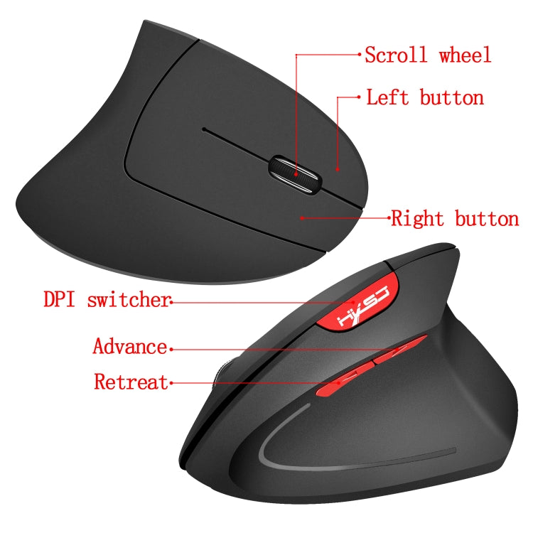 HXSJ T24 6 Buttons 2400 DPI 2.4G Wireless Vertical Ergonomic Mouse with USB Receiver(Black)