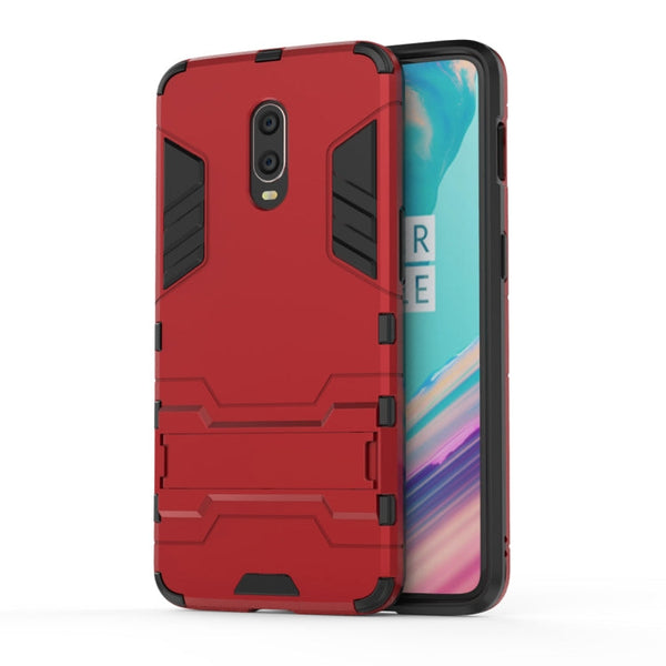 Shockproof PC + TPU Case for OnePlus 6T, with Holder(Red)