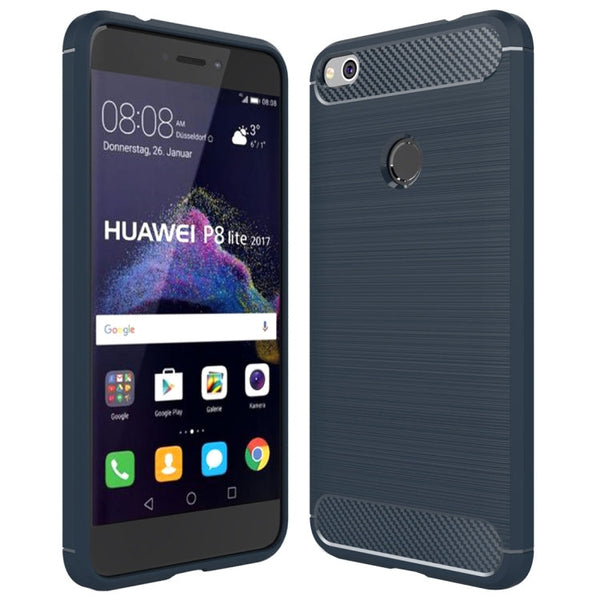 For Huawei P8 Lite (2017) Brushed Carbon Fiber Texture Shockproof TPU Protective Case(Dark Blue)