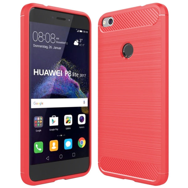 For Huawei P8 Lite (2017) Brushed Carbon Fiber Texture Shockproof TPU Protective Case(Red)