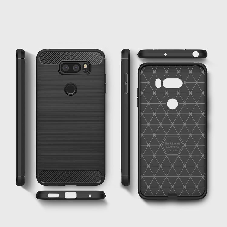For LG V30 Brushed Texture Carbon Fiber Shockproof TPU Rugged Armor Protective Case (Red)