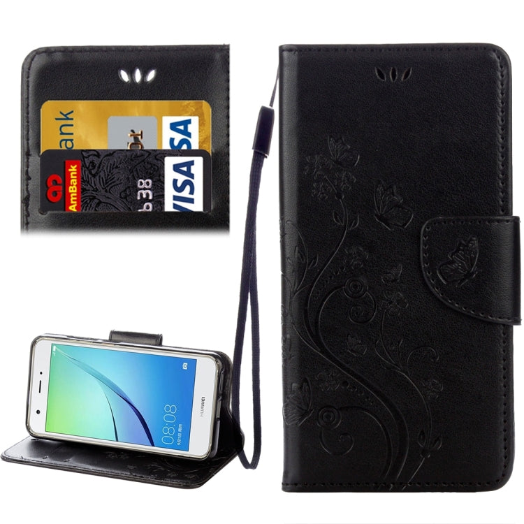 For Huawei nova Butterflies LOVE for Flowers Embossing Horizontal Flip Leather Case with Holder & Card Slots & Wallet & Lanyard(Black)