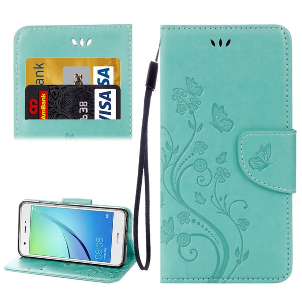 For Huawei nova Butterflies LOVE for Flowers Embossing Horizontal Flip Leather Case with Holder & Card Slots & Wallet & Lanyard(Green)