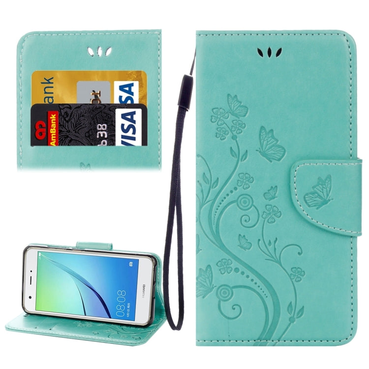 For Huawei nova Butterflies LOVE for Flowers Embossing Horizontal Flip Leather Case with Holder & Card Slots & Wallet & Lanyard(Green)
