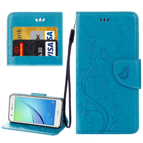 For Huawei nova Butterflies LOVE for Flowers Embossing Horizontal Flip Leather Case with Holder & Card Slots & Wallet & Lanyard(Blue)