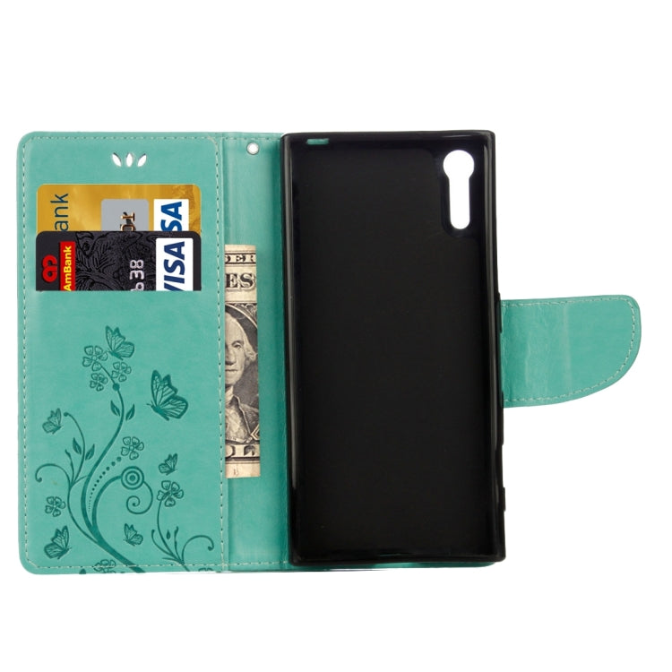 For Sony Xperia XZ Butterflies Love Flowers Embossing Horizontal Flip Leather Case with Holder & Card Slots & Wallet & Lanyard(Green)
