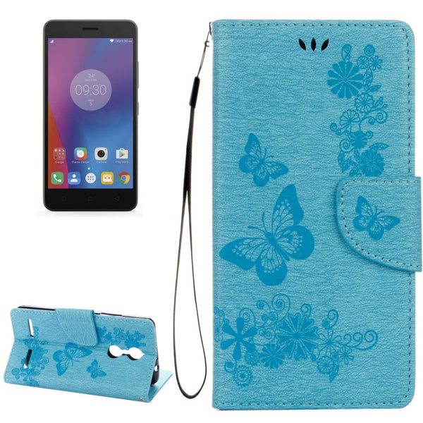For Lenovo K6 5.0 inch Butterflies Embossing Horizontal Flip Leather Case with Holder & Card Slots & Wallet & Lanyard(Blue)