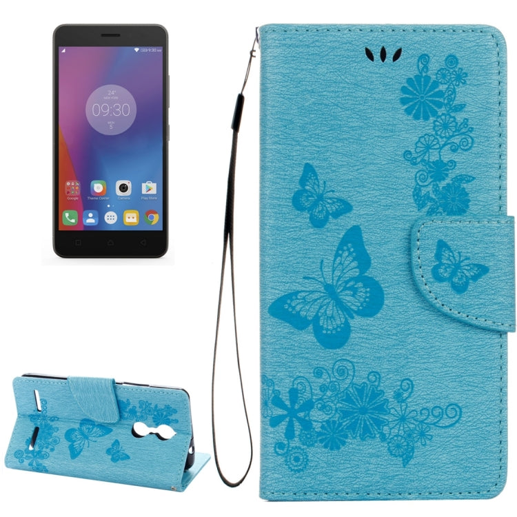 For Lenovo K6 5.0 inch Butterflies Embossing Horizontal Flip Leather Case with Holder & Card Slots & Wallet & Lanyard(Blue)