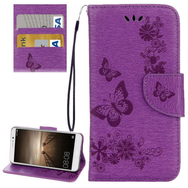 For Huawei Mate 9 Butterflies Embossing Horizontal Flip Leather Case with Holder & Card Slots & Wallet & Lanyard (Purple)