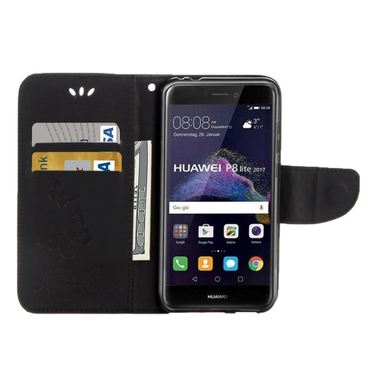 For Huawei P8 Lite (2017) Butterflies Embossing Horizontal Flip Leather Case with Holder & Card Slots & Wallet & Lanyard (Black)