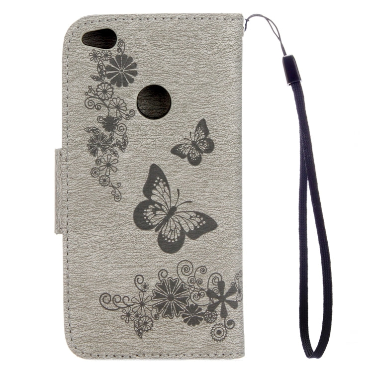 For Huawei P8 Lite (2017) Butterflies Embossing Horizontal Flip Leather Case with Holder & Card Slots & Wallet & Lanyard (Grey)