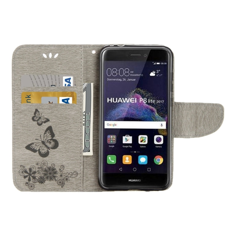 For Huawei P8 Lite (2017) Butterflies Embossing Horizontal Flip Leather Case with Holder & Card Slots & Wallet & Lanyard (Grey)