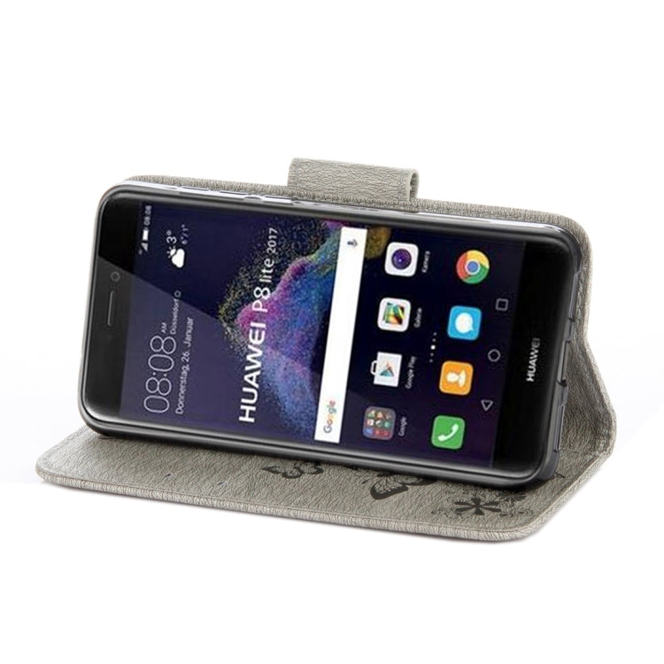 For Huawei P8 Lite (2017) Butterflies Embossing Horizontal Flip Leather Case with Holder & Card Slots & Wallet & Lanyard (Grey)
